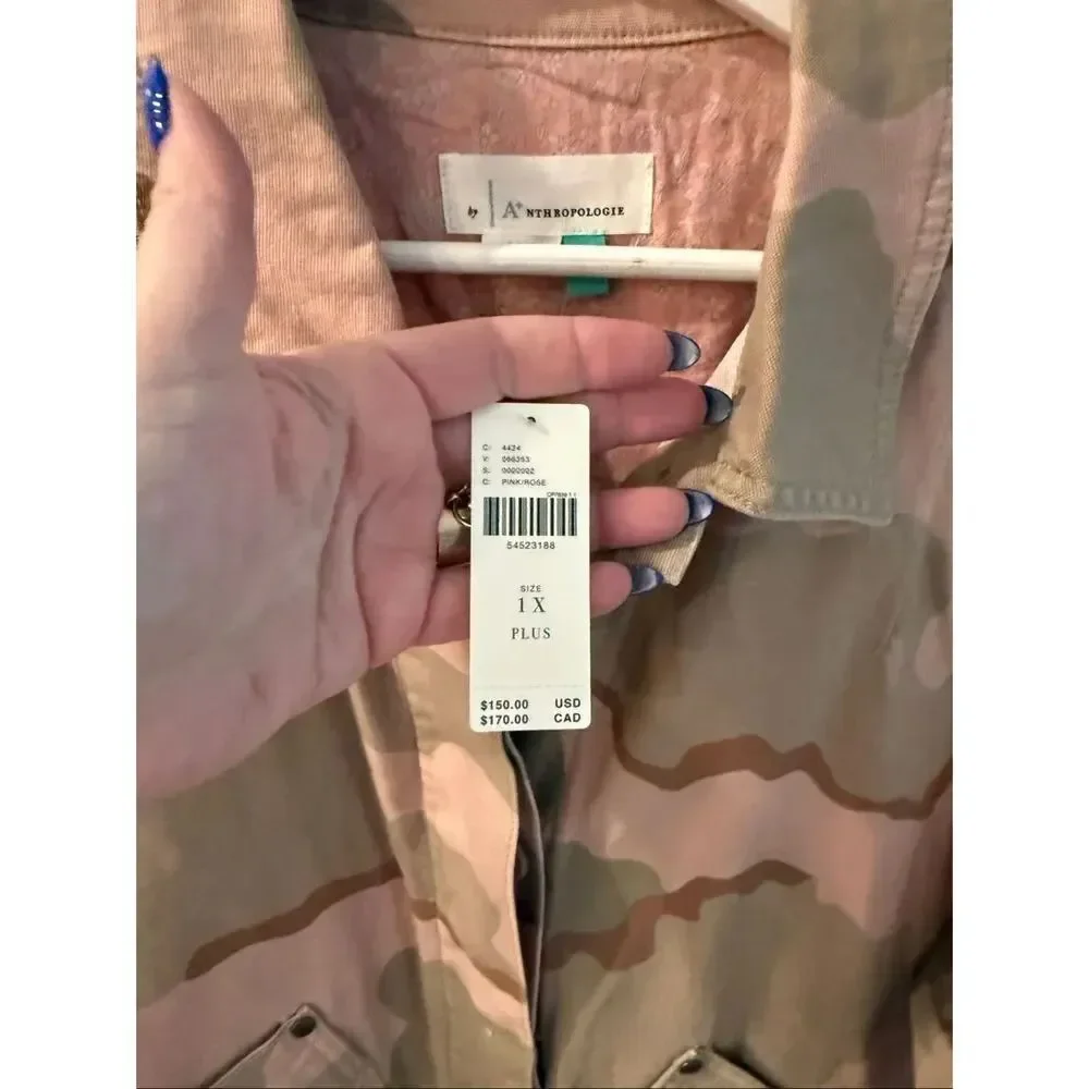 Anthropologie Pink & Green Camo Canvas Patch Jacket sz 1X NWT